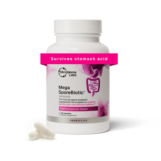 Microbiome Labs MegaSporeBiotic frontal mostrando envase y beneficios