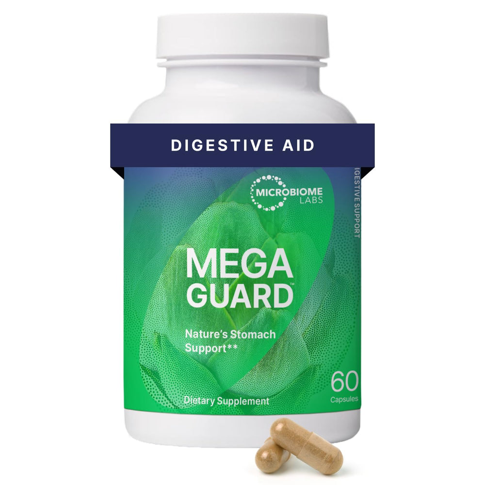 Microbiome Labs MegaGuard frente del empaque mostrando envase y confianza digestiva