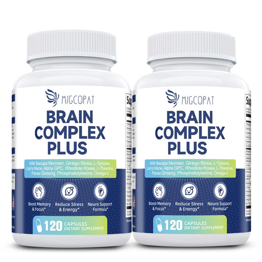 Migcopat: dos botellas y cápsulas para apoyo cognitivo diario.