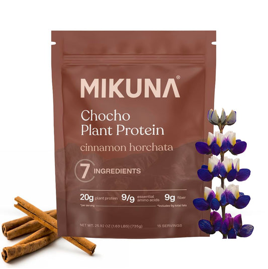 Mikuna Chocho protein bottle label shows Cinnamon Horchata flavor and vegan protein option.