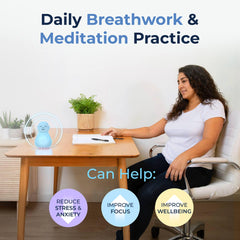 Mindsight Breathing Buddha junto a una taza para tamaño, portátil y compacto