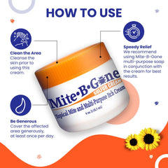 Mite-B-Gone crema siendo aplicada en mano para alivio localizado