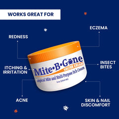 Mite-B-Gone crema aplicada en la mano, alivio tópico inmediato y cómoda aplicación
