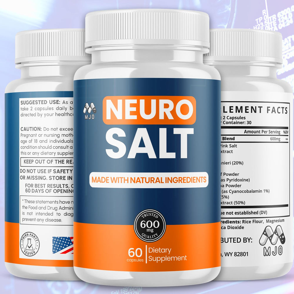 MJO Neuro Salt vista lateral de etiqueta con beneficios y declaración clara