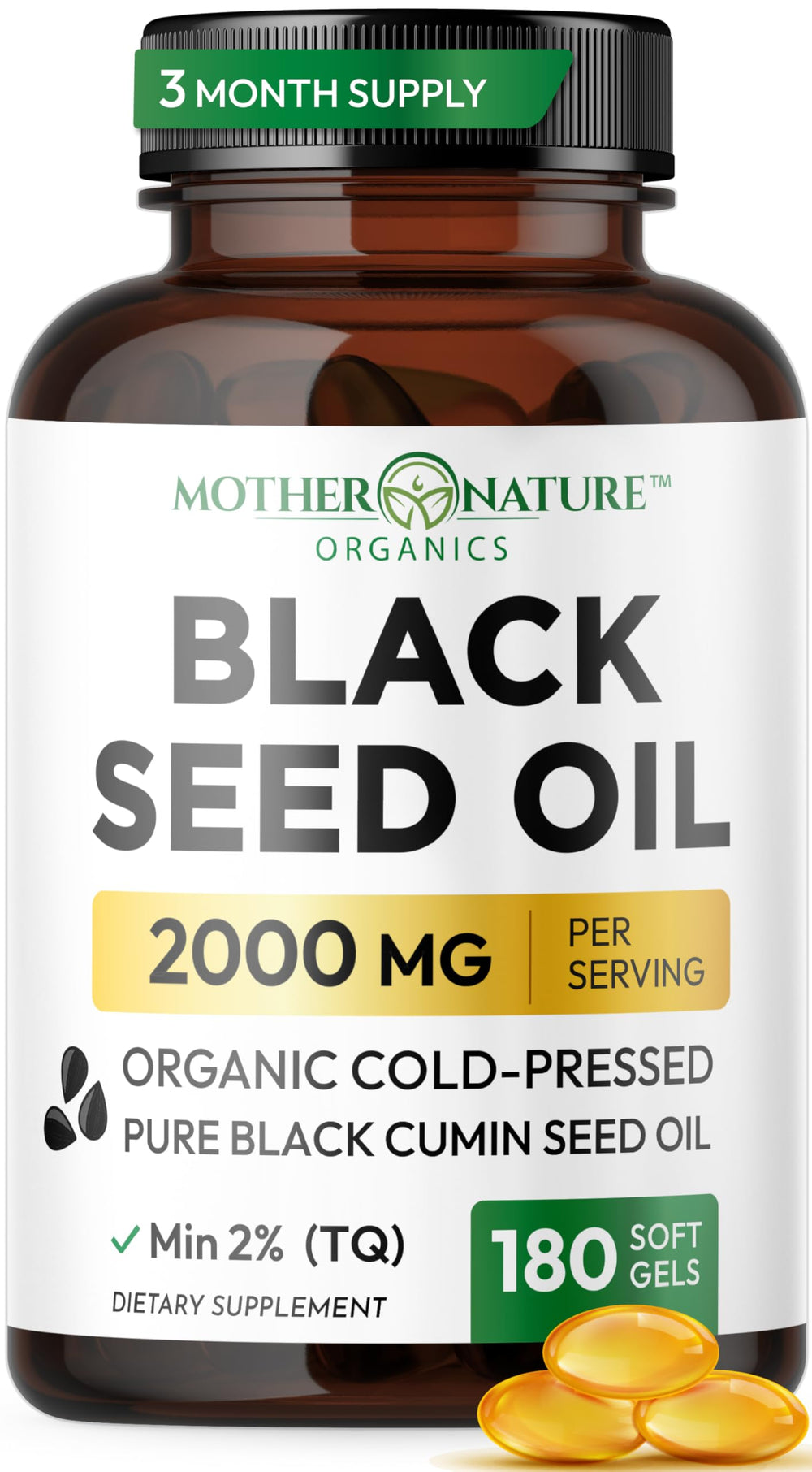 Mother Nature Organics frasco delantero muestra dosis y ahorro