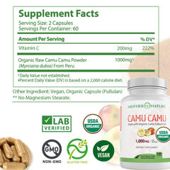 Mother Nature Organics etiqueta con información de ingredientes y certificados