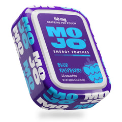 MOJO paquete frontal blue raspberry mostrando 15 bolsitas y beneficio de energía portátil
