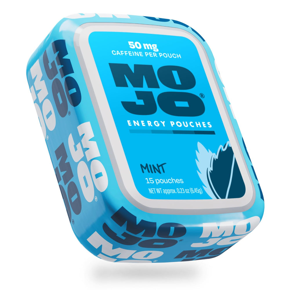 MOJO empaque frontal mostrando 15 pouches menta, práctico y portátil