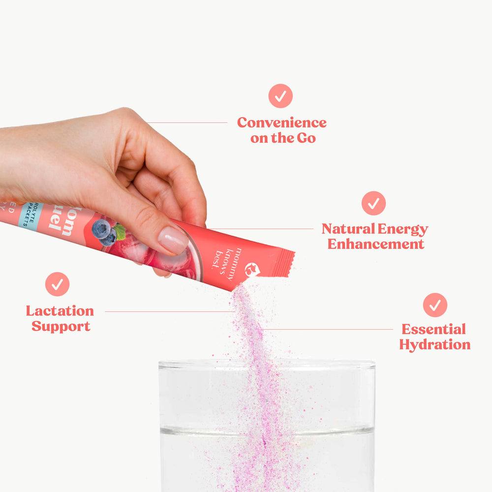 Etiqueta de Mommy Knows Best con lista de electrolitos y minerales traza