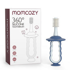 Momcozy cepillo frontal azul mostrando diseño seguro y cerdas suaves