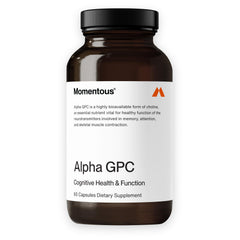 Momentous Alpha GPC frente del empaque mostrando 60 servicios y ventaja de dosificación precisa