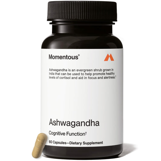 Momentous Ashwagandha NooGandha: extracto en botella para enfoque diario.