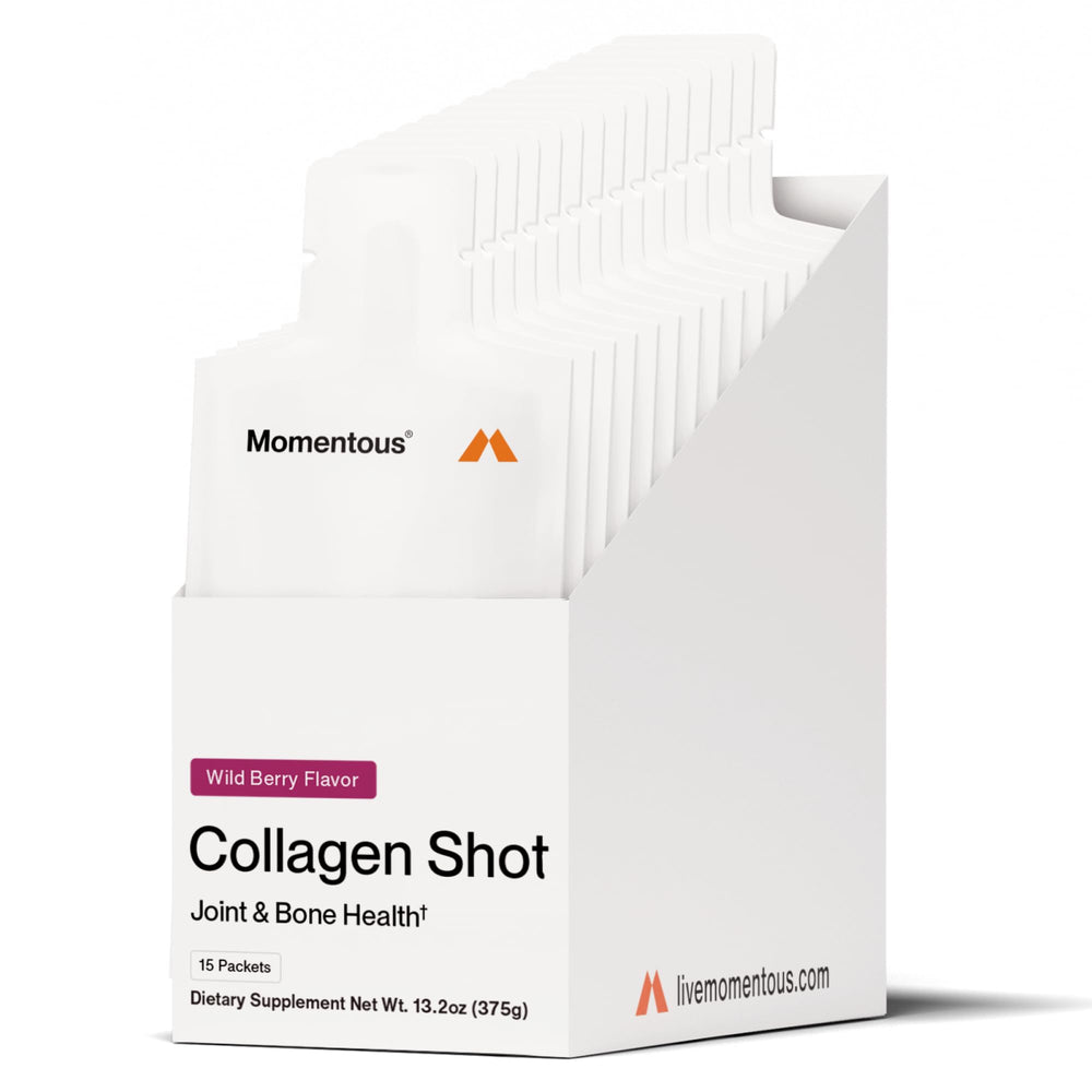 Momentous Collagen Shot en botella Wild Berry, uso diario en vida activa.