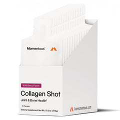 Momentous Collagen Shot en botella Wild Berry, uso diario en vida activa.