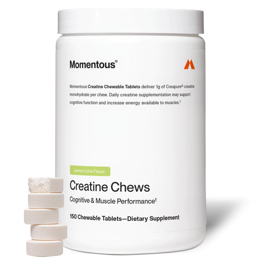 Momentous Creatine Chews lemon-lime bottle for on-the-go energy