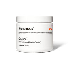 Momentous Creatine Monohidrato en polvo y envase, listo para entrenar con facilidad.
