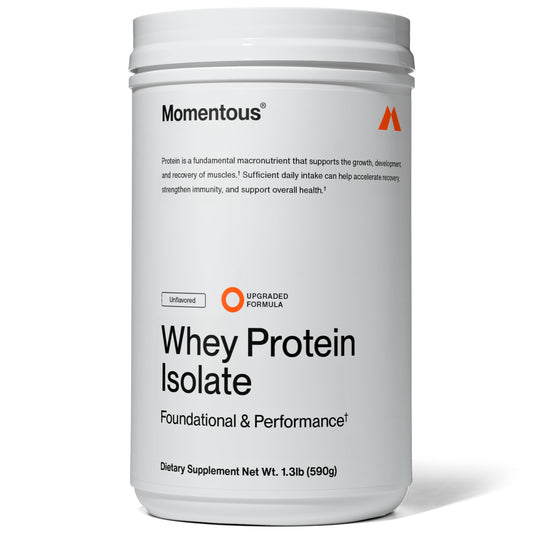 Momentous Essential grass-fed whey bottle for quick post-workout fueling