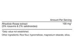 Momentous Rhodiola Rosea: etiqueta detallada con ingredientes clave.