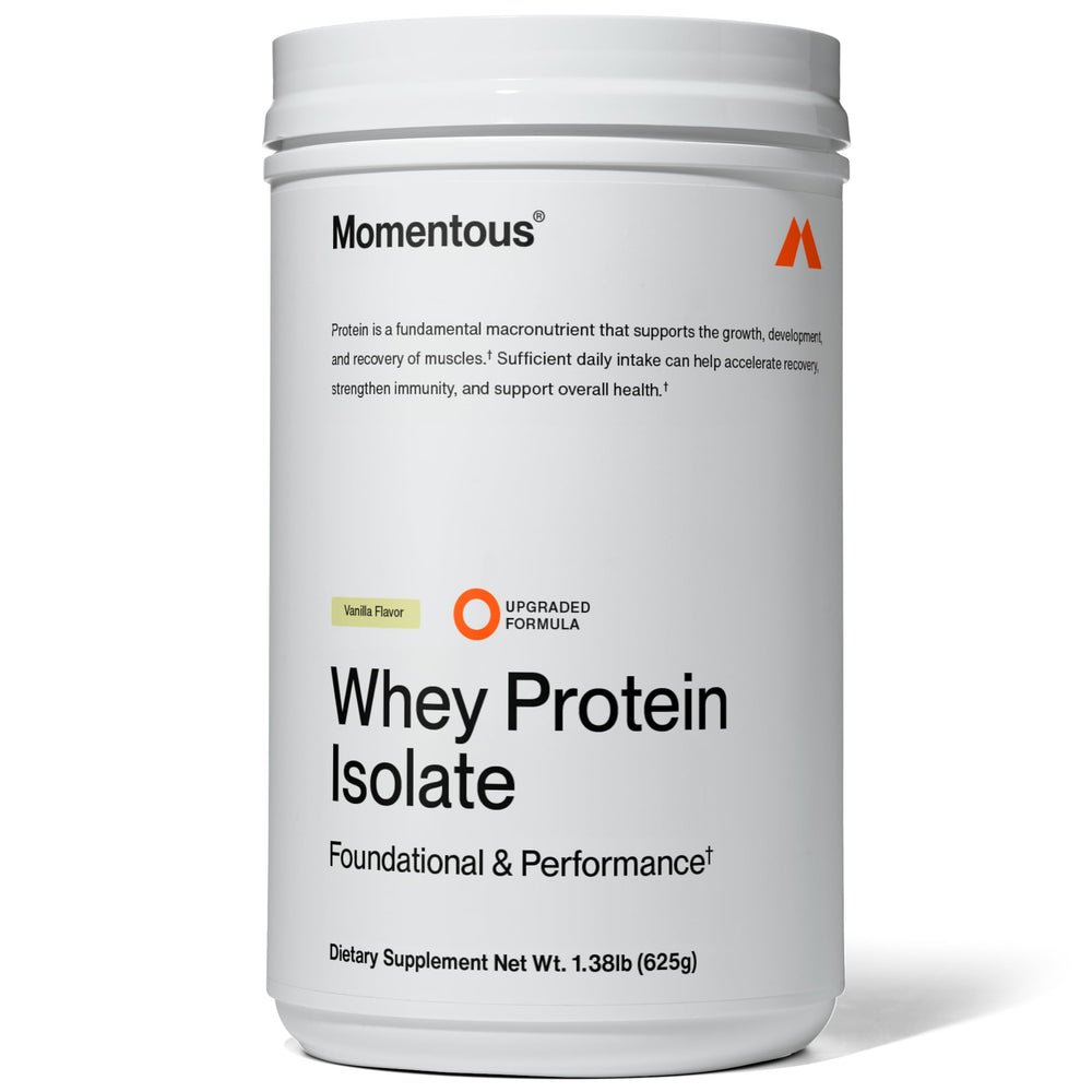 Momentous Whey alimentada con pasto, bote vainilla para batidos posentrenamiento