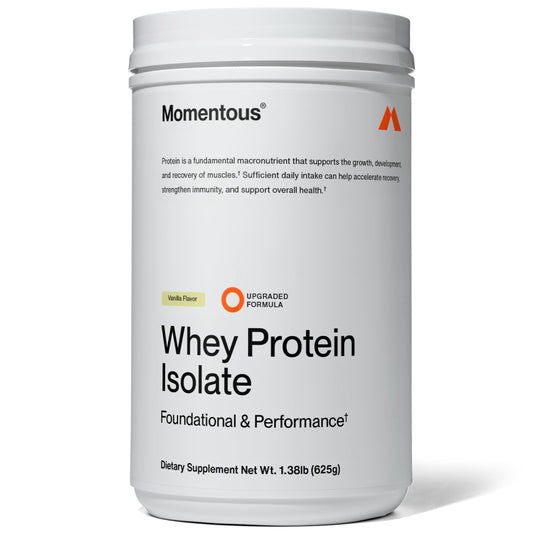 Momentous Whey alimentada con pasto, bote vainilla para batidos posentrenamiento