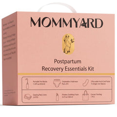 Mommyard empaque frontal del kit postparto mostrando todos los elementos para comodidad