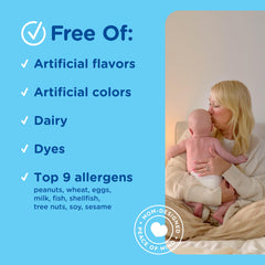 Mommy's Bliss botella abierta junto a fórmula para mezclar en alimentos o leche