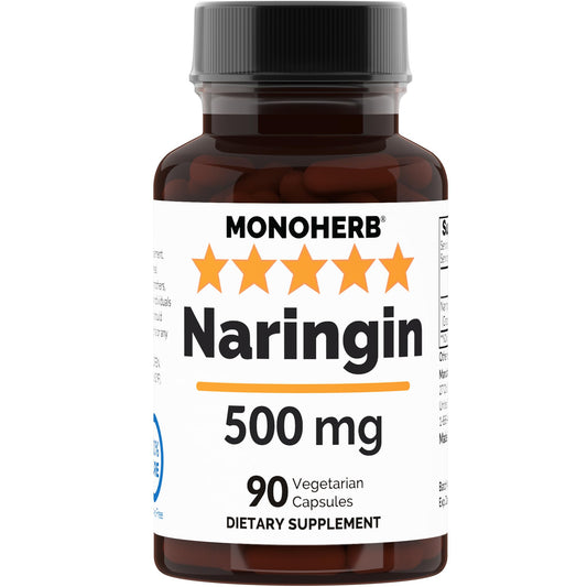 MONOHERB Naringin 500 mg: cápsulas veganas en frasco transparente, fáciles de tragar.