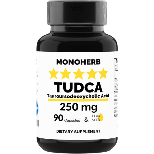 MONOHERB TUDCA cápsulas 250 mg en frasco, fáciles de tragar para uso diario.