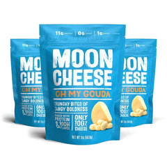 Moon Cheese paquete frontal que muestra tres bolsas y conveniencia