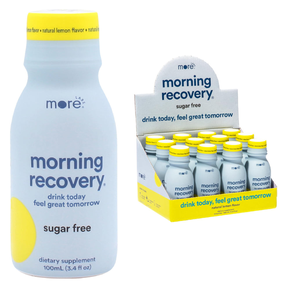 More Labs frente del empaque Morning Recovery sabor limón, portátil y práctico