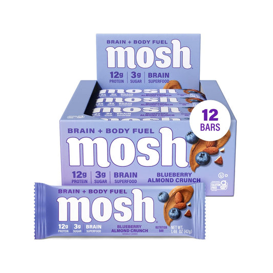 MOSH empaque frontal Blueberry Almond Crunch que muestra diseño y beneficios