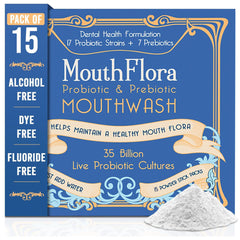 MouthFlora frente del paquete mostrando 15 sobres y beneficios del producto