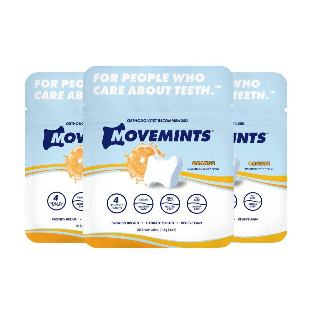 Movemints frontal del pack naranja mostrando diseño y beneficios portátiles