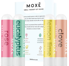 MOXE kit frente en embalaje mostrando cuatro inhaladores y guía, facilita inicio del entrenamiento olfativo