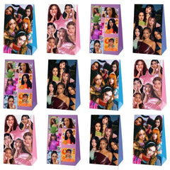 Mozin bolsas Katseye en mesa de fiesta organizando dulces y recuerdos