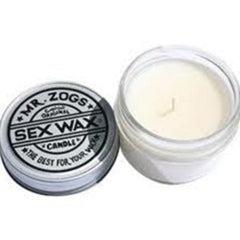 Mr Zogs Sex Wax vela en tarro frontal mostrando etiqueta y aroma coco, aporta ambiente agradable