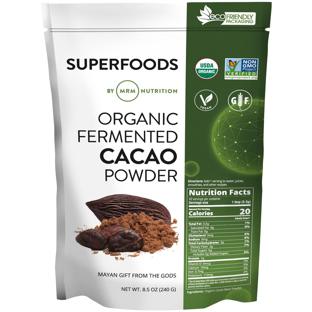 MRM envase frontal del cacao orgánico mostrando portada y beneficio de sabor intenso