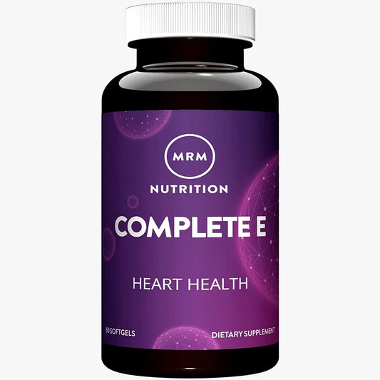 MRM Complete E: botella vertiendo cápsulas, apoyo antioxidante para piel y corazón.