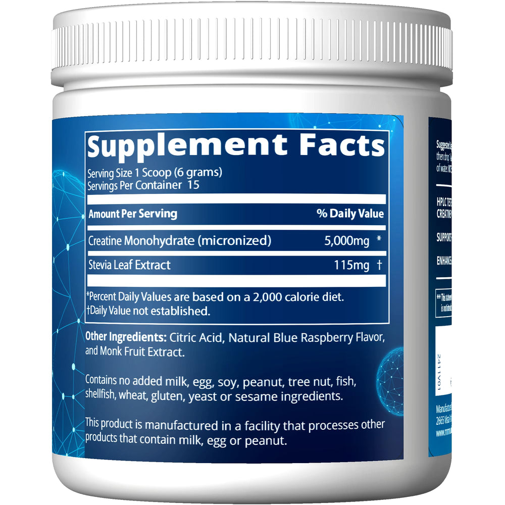 MRM Creatina: envase azul frambuesa facilita transporte y uso diario.