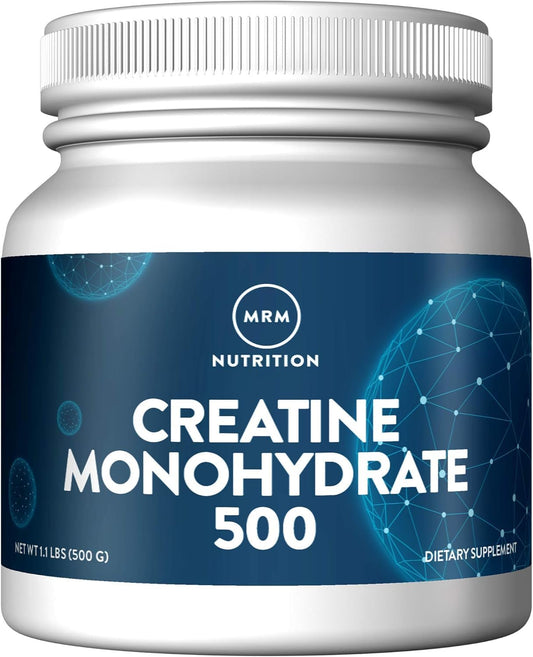 MRM Creatina Monohidrato 500, frasco con vertido para energía sostenida en entrenamientos.