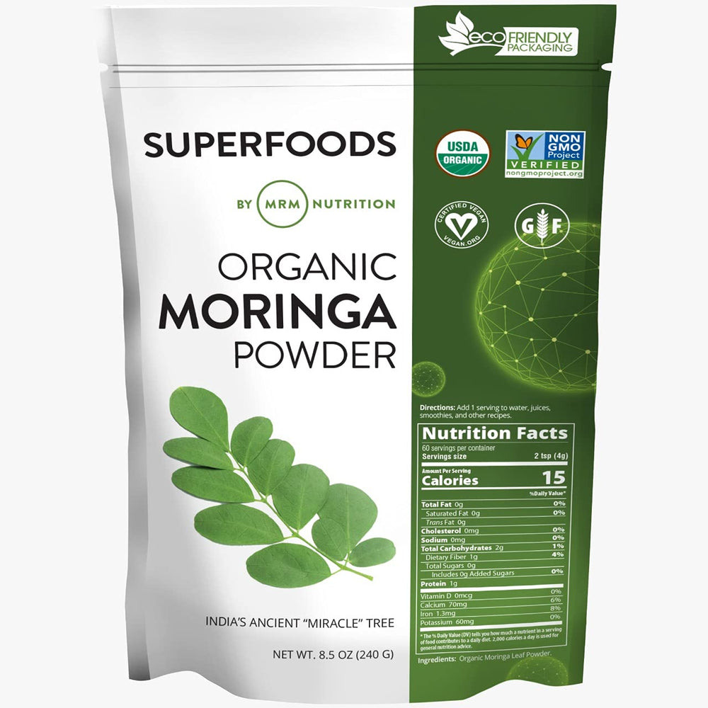 MRM Moringa Powder, envase frontal: fuente de nutrientes para tu día.