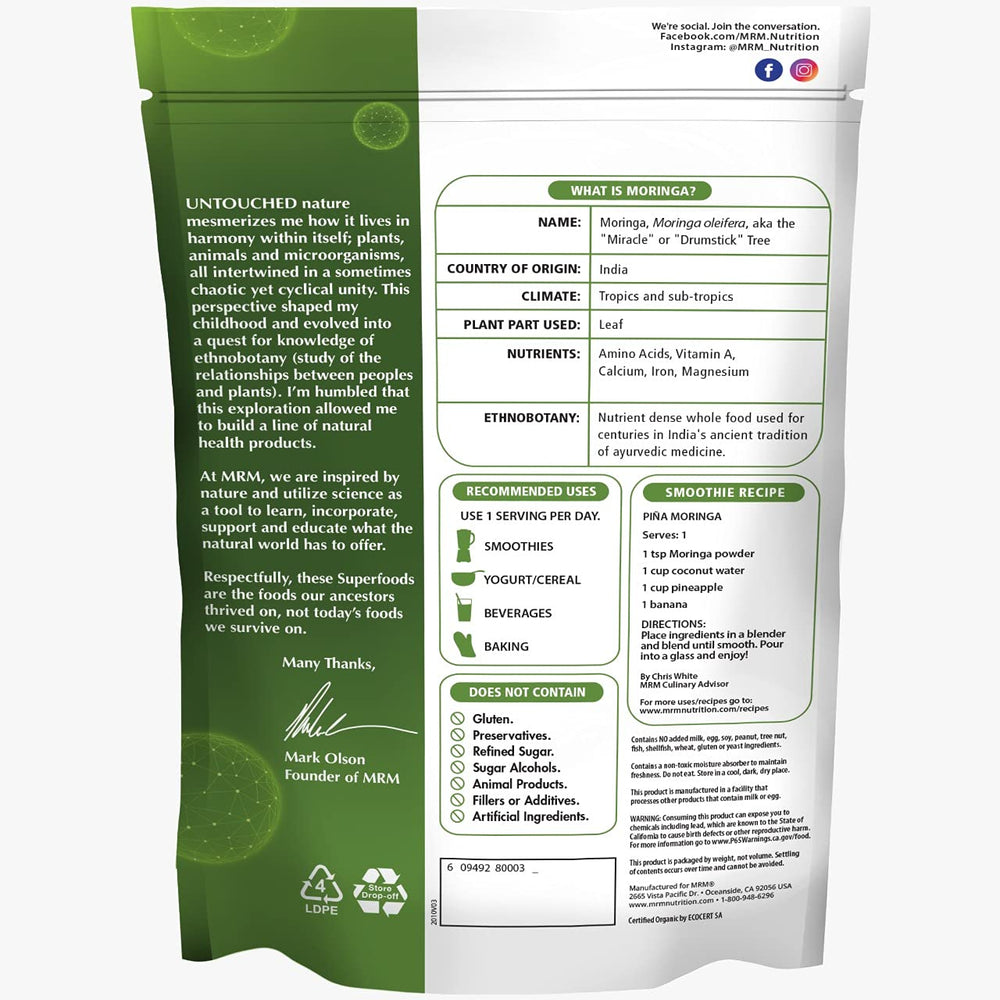 MRM Moringa Powder, textura de polvo fina para batidos ricos en fibra.