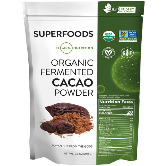 MRM Nutrition cacao orgánico fermentado polvo en taza para batidos antioxidantes