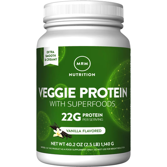 MRM Proteína Veggie con Superfoods vainilla, batido suave para energía diaria.