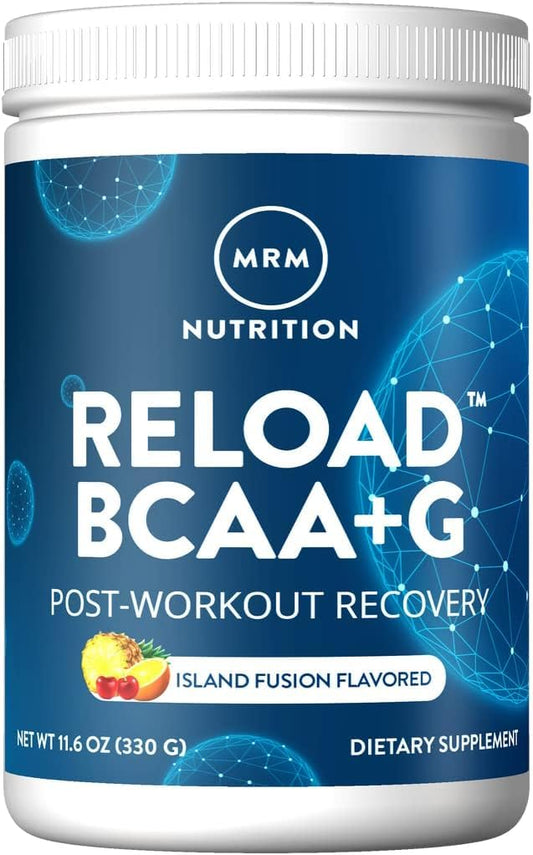 MRM Reload BCAA-G, sabor fusión isla, ideal para recuperación tras entrenar.