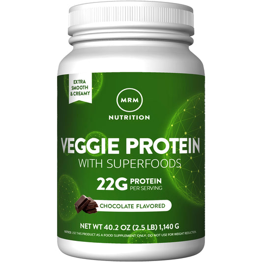 Envase de MRM Veggie Protein Chocolate para batidos nutritivos.