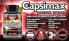 MST Capsimax junto a pesas y botella de agua, apoyo termogénico para entrenamientos