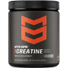 MTN OPS envase frontal de creatina monohidrato sin sabor que transmite pureza