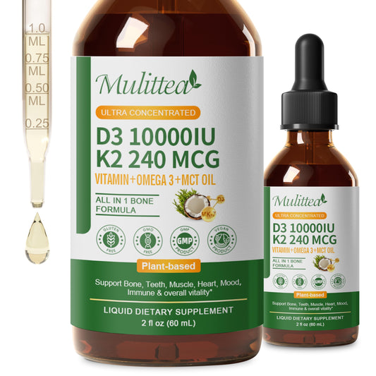 Mulittea D3 K2 líquido, botella, apoyo a la salud ósea y energía diaria.