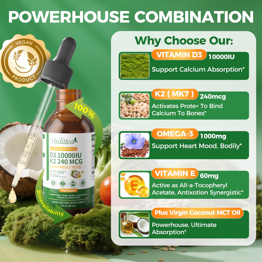 Mulittea D3 K2 líquido, etiqueta de nutrición clara para plan de suplementos.